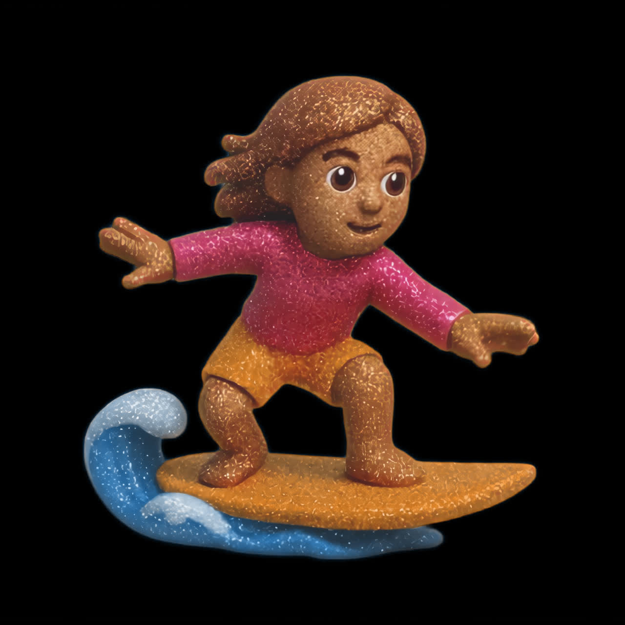 Toy surfer riding wave animation isolated asset, transparent 4K video, alpha channel, ProRes 4444
