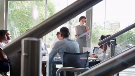 a young businesswoman speaks at a meeting in a modern office