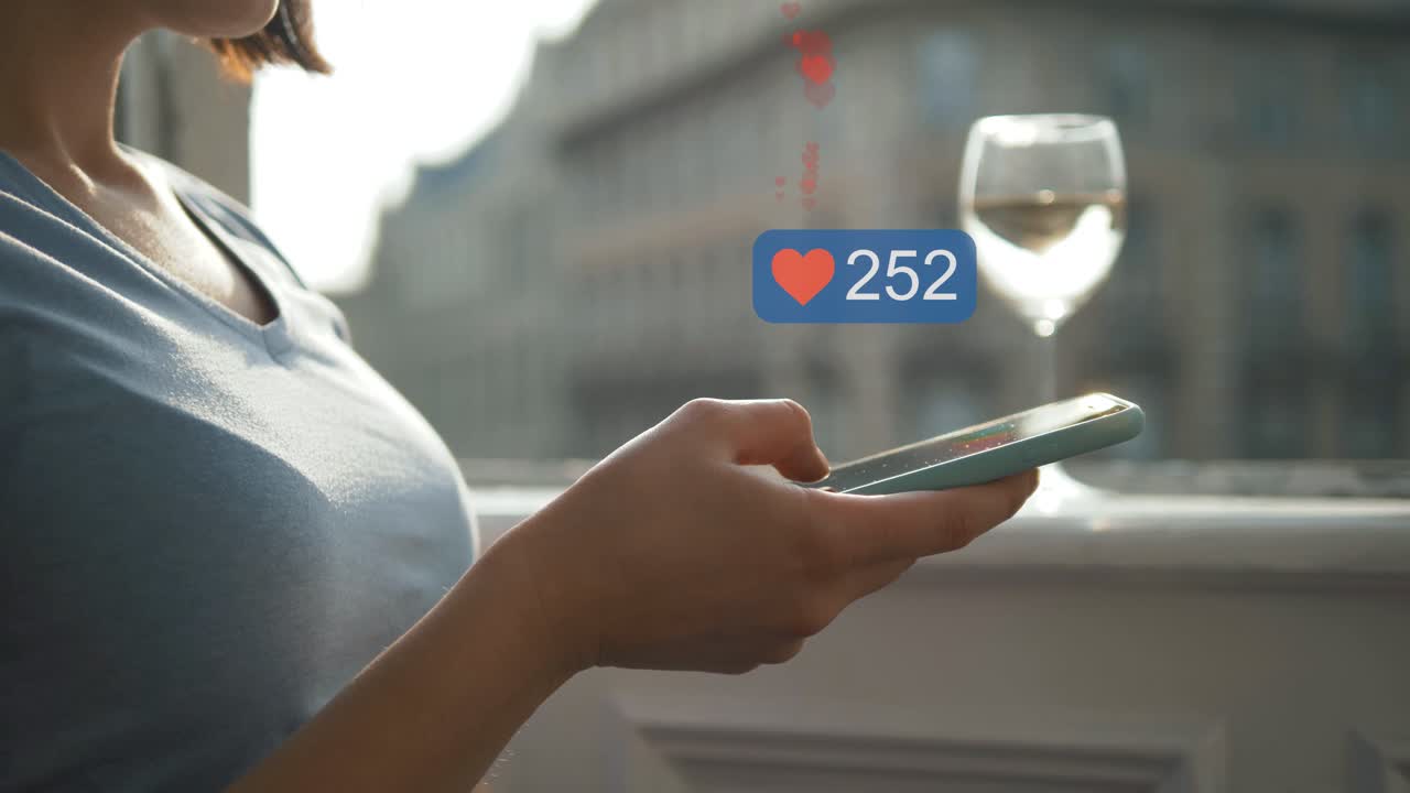 Woman using smartphone, social media interaction