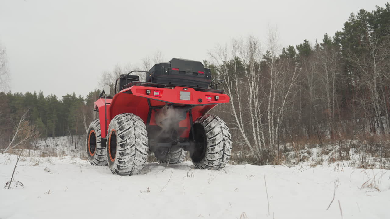 Quad rosso in una radura innevata, avanzamento lento sulla neve fresca con vapore di scarico visibile, pneumatici con battistrada profondo che scavano tracce, sfondo di betulle, portapacchi fuoristrada robusto, atmosfera calma e avventurosa.