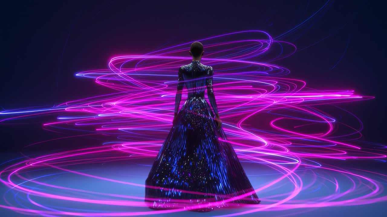 A Captivating Digital Journey: An Elegant Figure in a Shimmering Dress Against a Backdrop of Dynamic Light Trails in Mesmerizing Pink and Blue Patterns