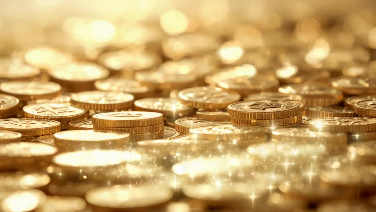 Telecamera che regola la messa a fuoco rivela monete d'oro su un set da studio, mostrando volti incisi e bagliori fluttuanti