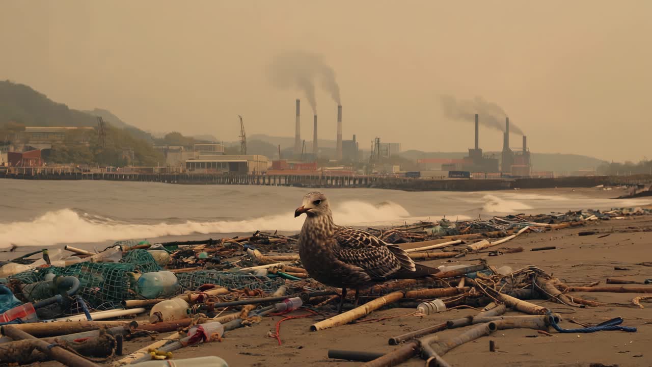 Seagull on Polluted Beach: An Environmental Crisis