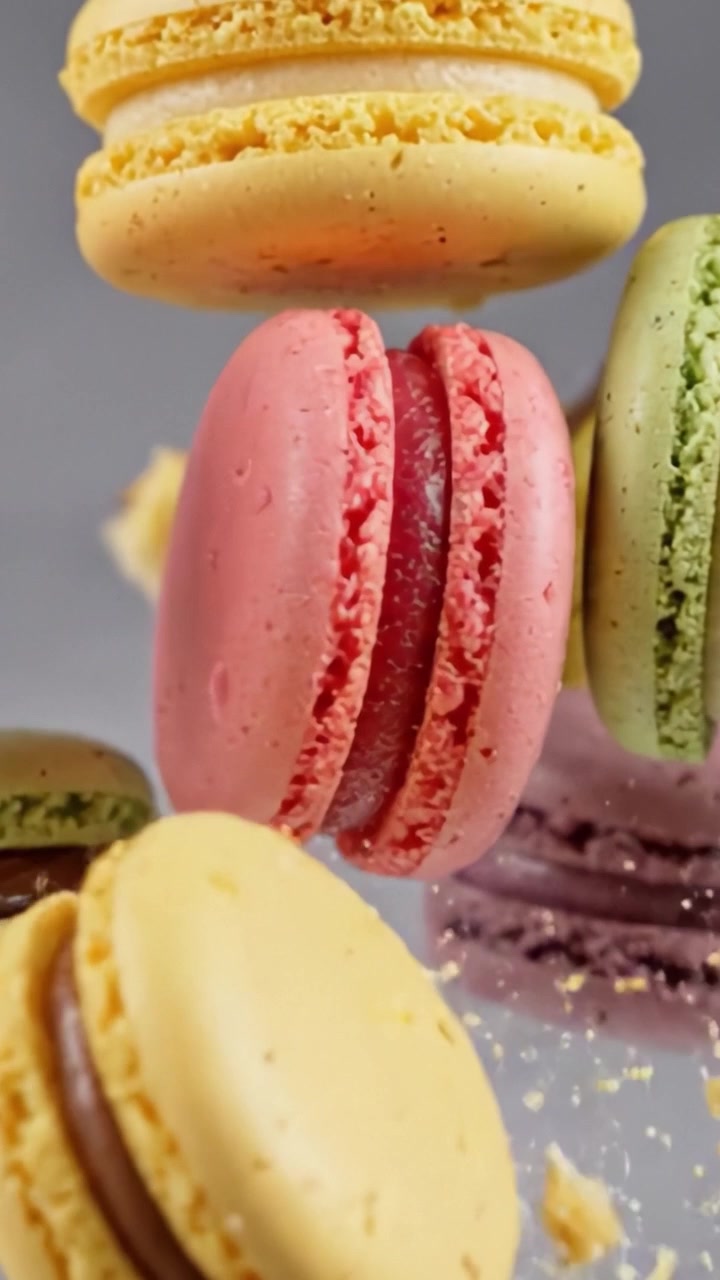 Colorful Macarons Floating in Dynamic Arrangement: A Delicious Display of French Pastries, Showcasing a Rainbow of Flavors and Textures That Delight the Senses