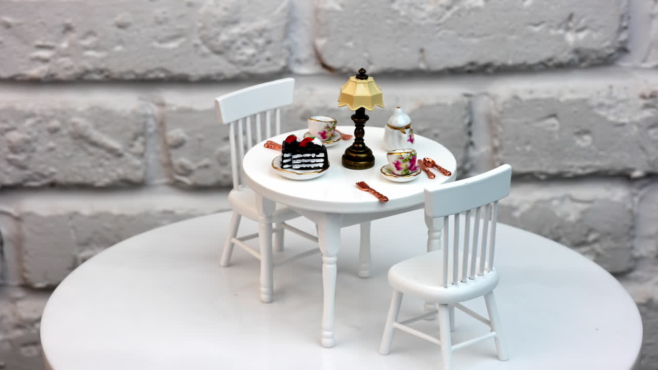 White tiny wooden toy furniture. Small miniature table with chairs for dollhouse.