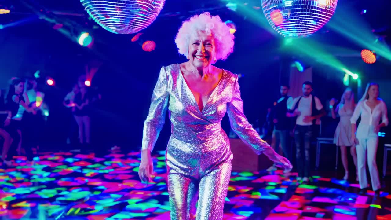 Energetic senior woman in sparkling jumpsuit enjoying disco party, dancing under mirror ball with colorful lights and blurred people in background, celebrating active lifestyle and joyful moments
