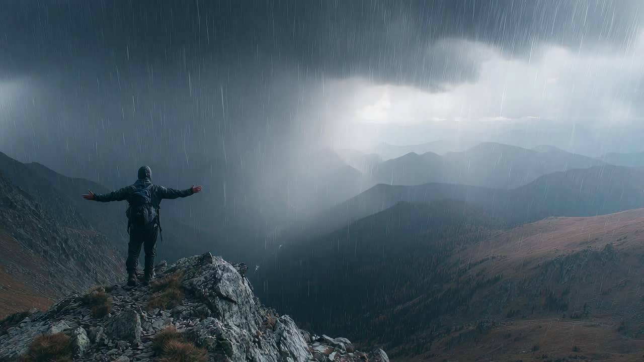 A lone figure stands atop a rocky mountain peak, arms outstretched, embracing the dramatic beauty of a stormy landscape with rain cascading down the slopes and dark clouds looming overhead