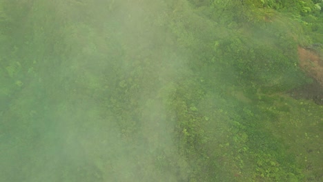 overhead view of fog passing over mountain covered by green foliage