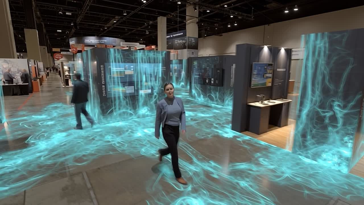 Visitatori esplorano un'esposizione tecnologica con display virtuali dinamici e mostre