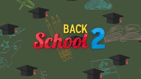 Animation-of-school-items-icons-and-back-to-school-text-over-green-background