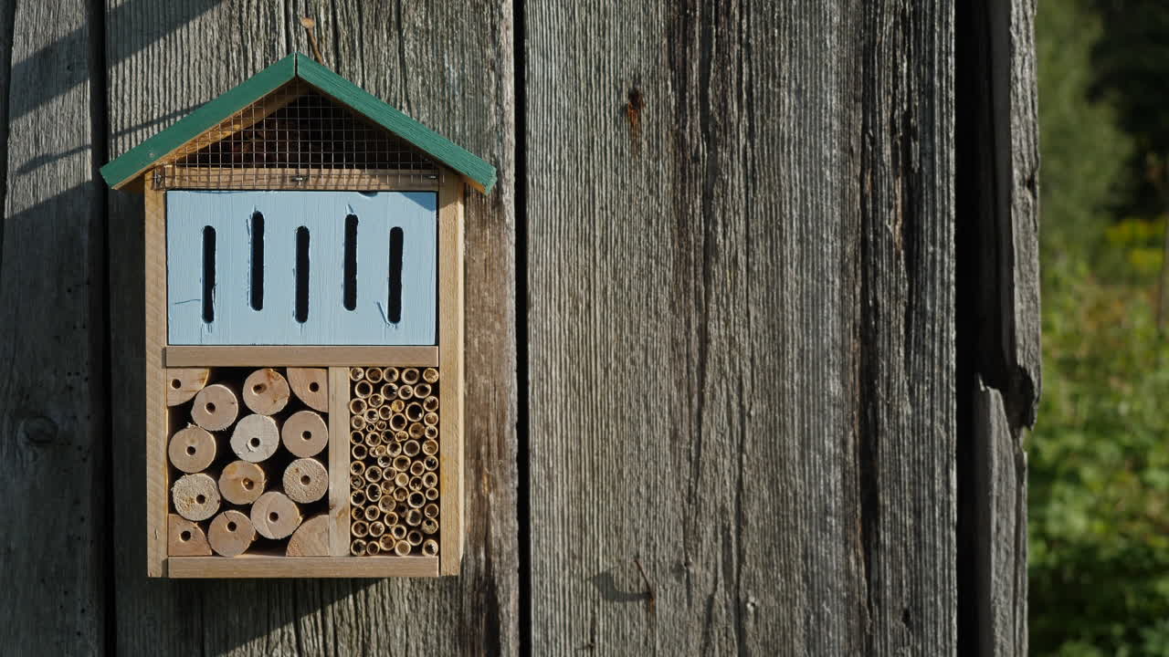 Close up of insect hotel on weathered plank wall