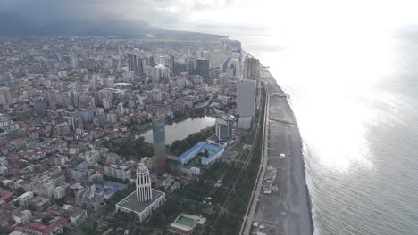 cinematic daytime drone footage of batumi skyline and skyscrapers.