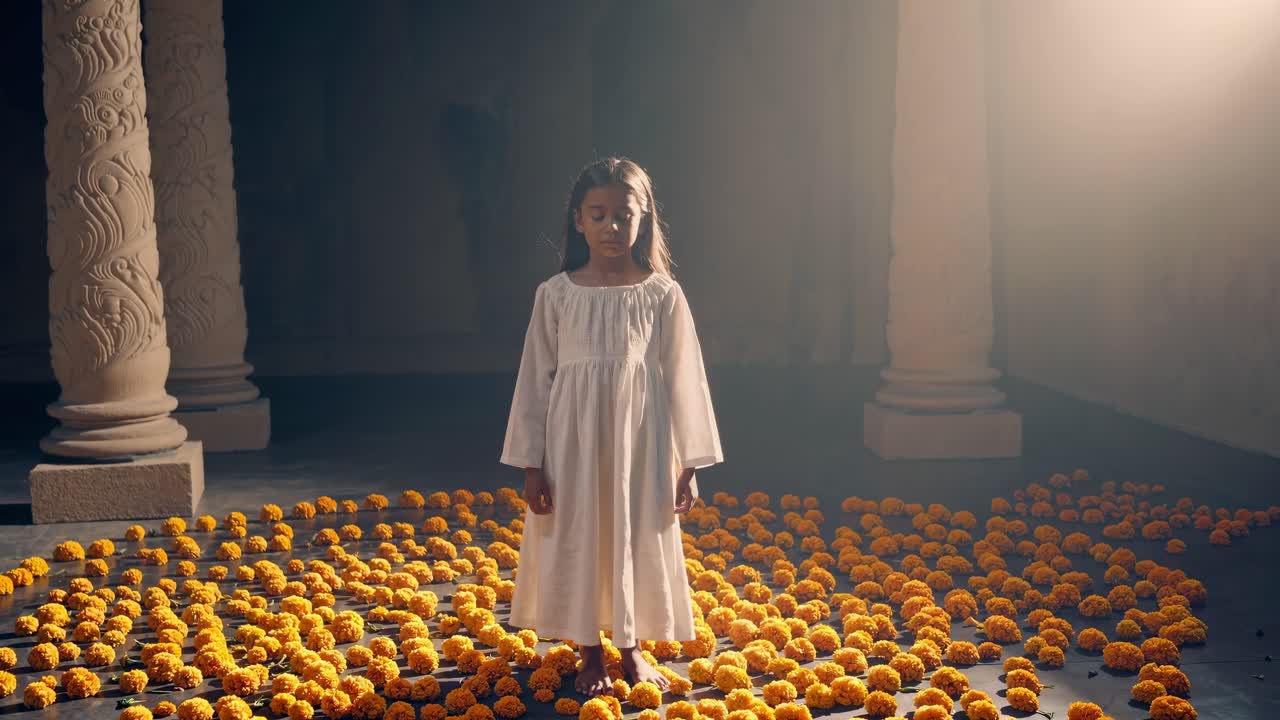 Young girl wearing a white dress standing on a floor covered with marigold flowers, performing a sacred ritual inside a temple with carved columns, illuminated by a soft, ethereal light