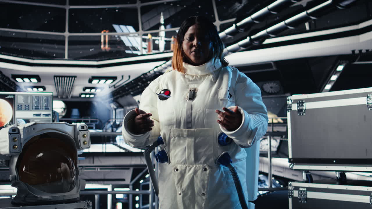 Astronauta donna felice che saluta i ricercatori del centro di comando durante una videochiamata.