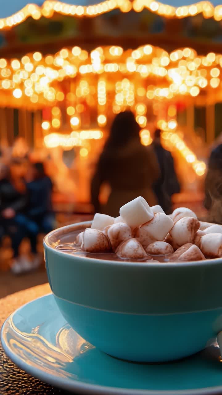 Deliziosa cioccolata calda con marshmallow davanti a una giostra illuminata, perfetta per una serata accogliente con gli amici, piena di gioia e calore