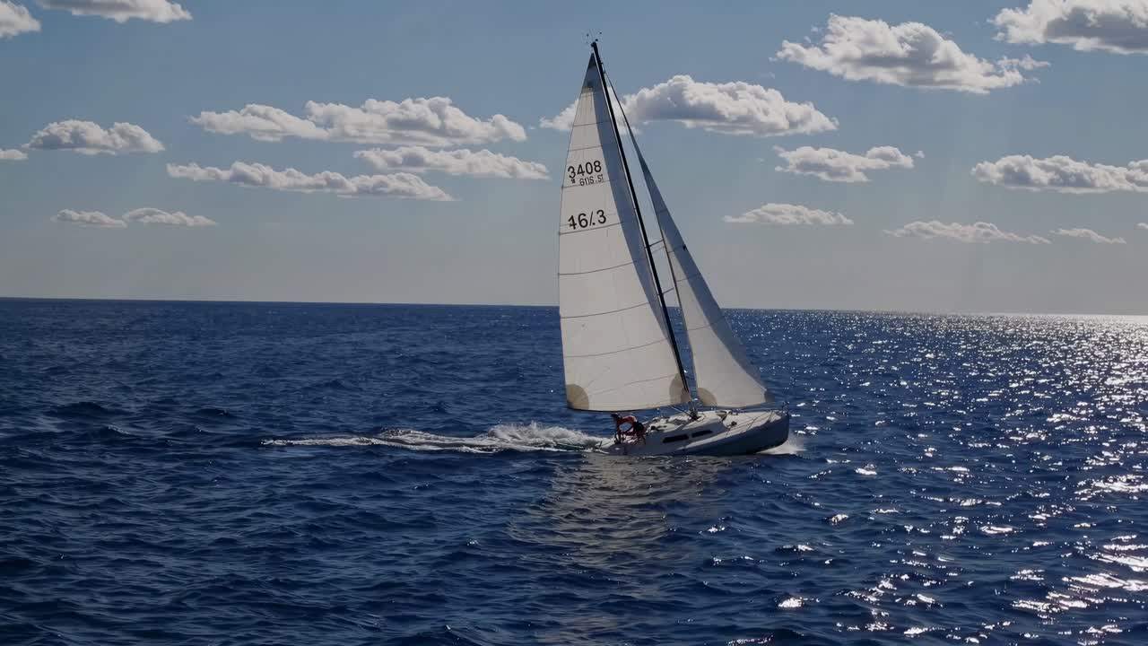 Aerial video of a sailboat gliding through the ocean under a clear sky