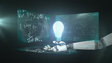 Animation-of-light-bulb-and-robotic-hand-over-mathematical-equations-on-black-background