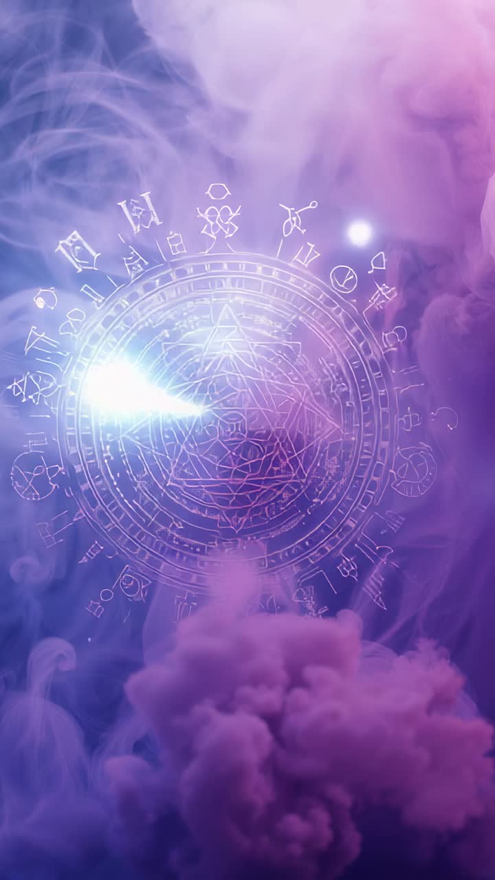 Vertical video: Magical seal appearing in violet and pink smoke, orb circling, illuminating runes