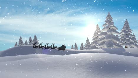 Animation-Des-Weihnachtsmanns-Im-Schlitten-Mit-Rentieren,-Der-über-Eine-Verschneite-Winterlandschaft-Fährt