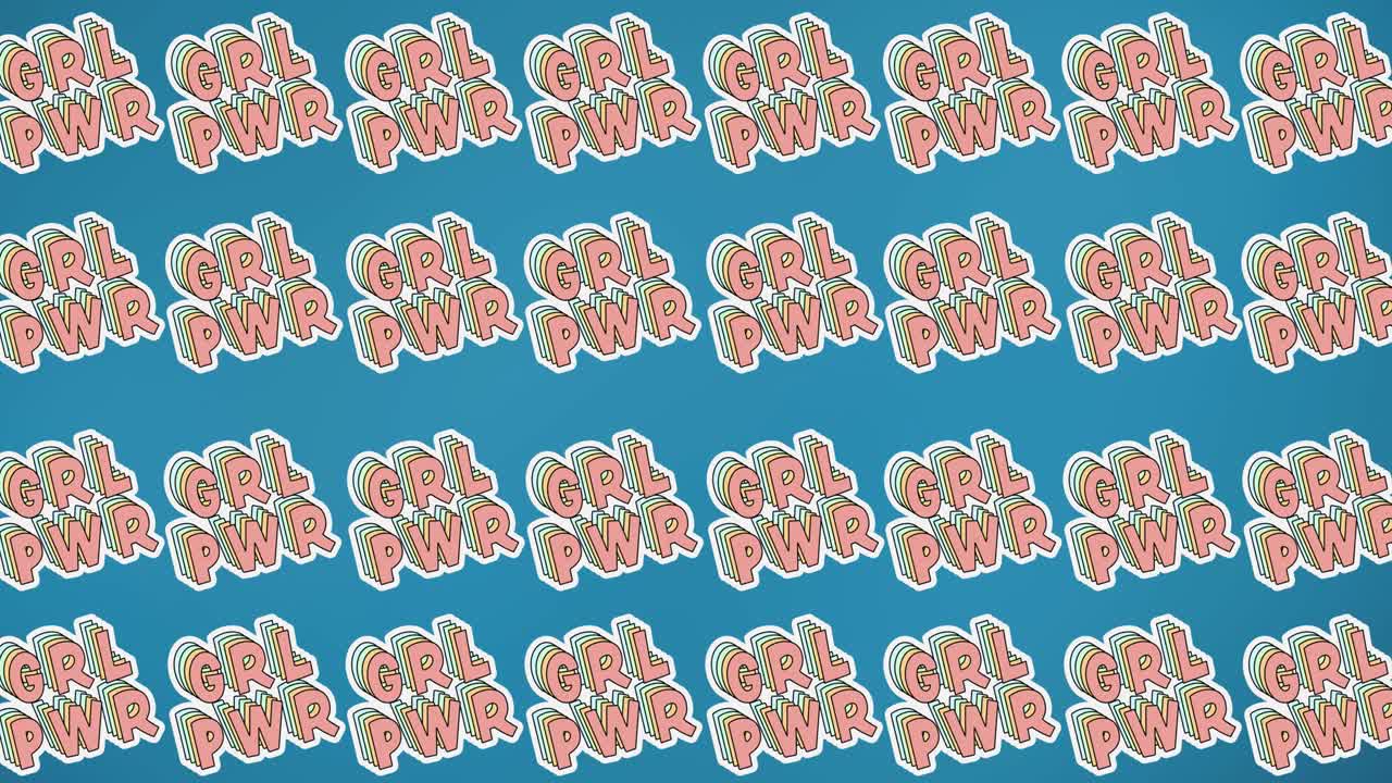파란색 배경에 여러 개의 소녀 파워 텍스트의 애니메이션