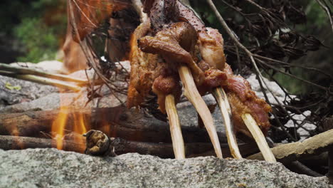 cocinar carne asada en una barbacoa casera o abrir fuego en la jungla