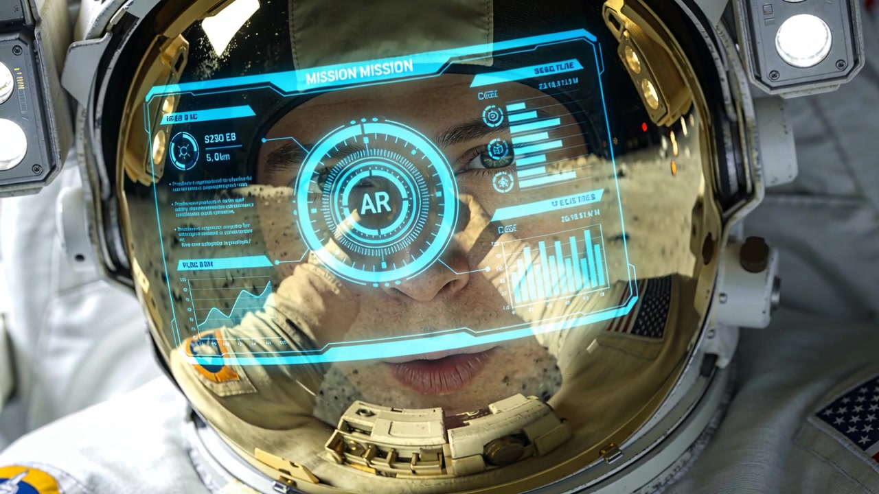Pembaruan HUD sedang dilacak, astronot berjas putih melihat AR di visor emas dekat pendarat sambil memantau data.