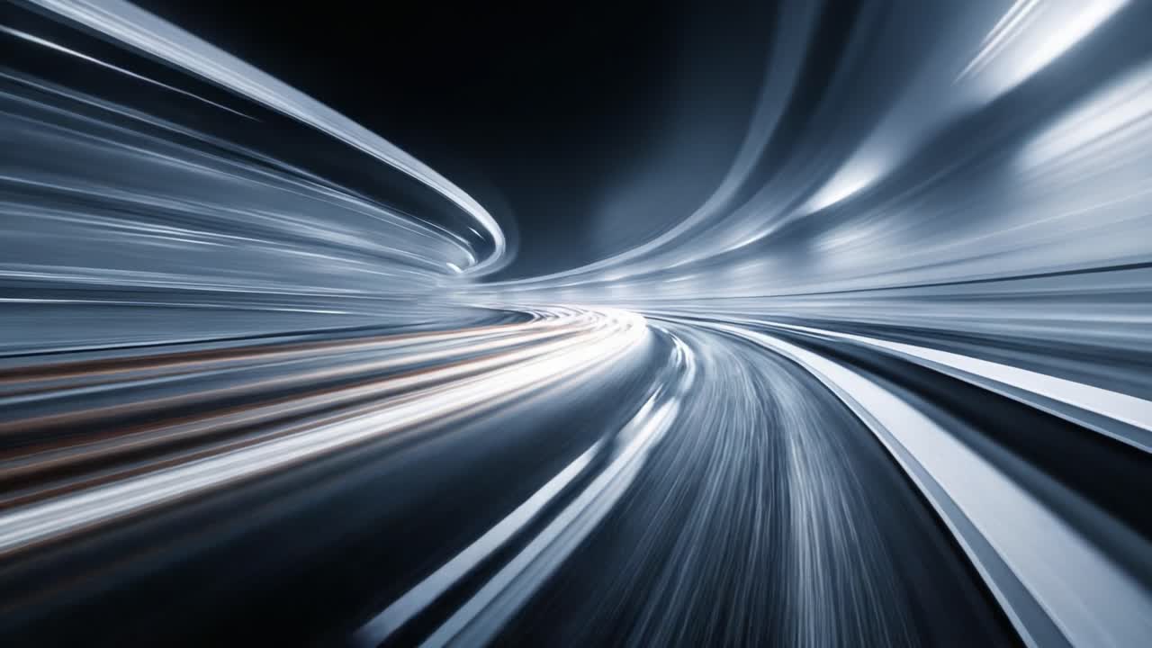 A Dynamic Journey Through a Blurred Tunnel, Capturing the Essence of Speed and Motion in a High-Tech Environment with Radiant Light Trails