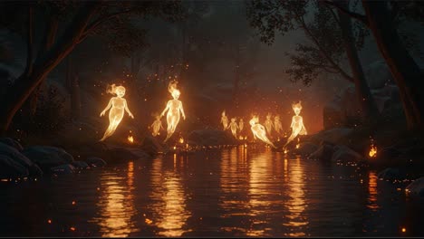 A Mystical Gathering of Ethereal Spirits in a Moonlit Forest, Illuminating a Serene Waterway with Their Dance of Fire and Light, Creating a Magical Otherworldly Atmosphere