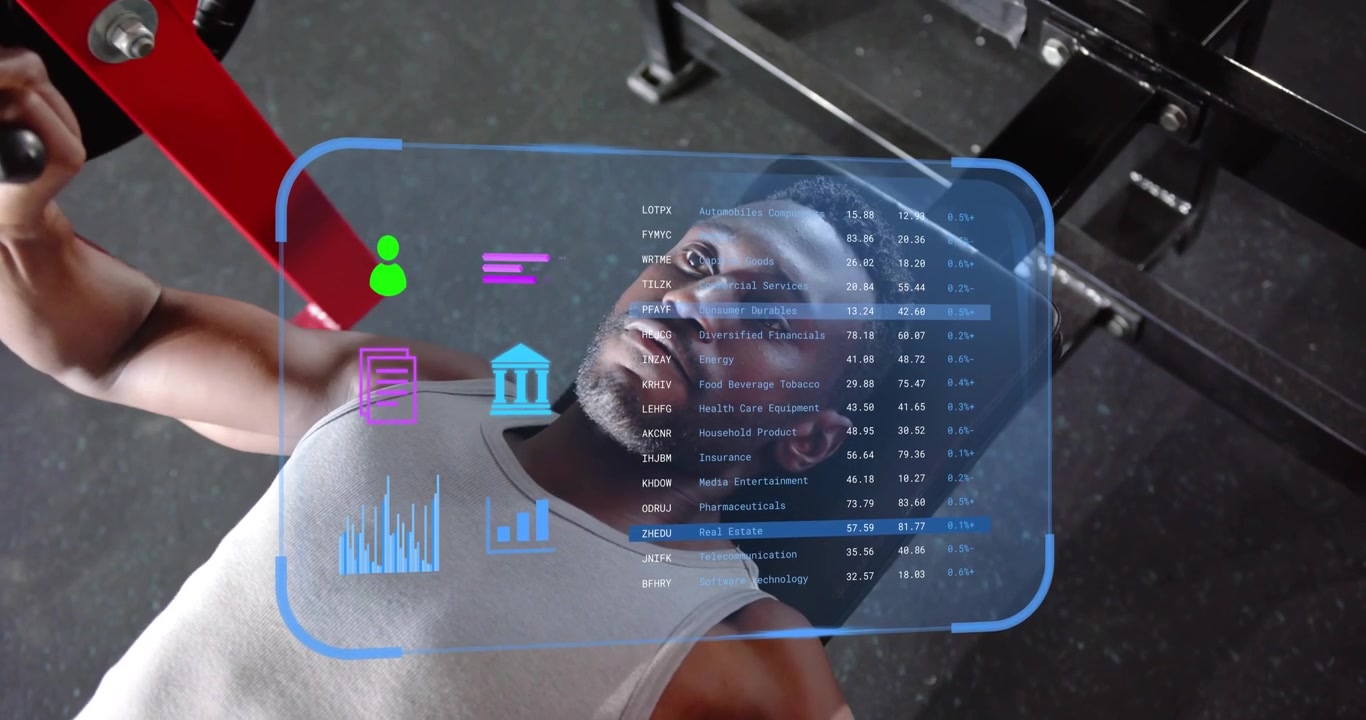 Man lying gym bench pressing barbell, activating AR overlay showing shifting color per rep tracking
