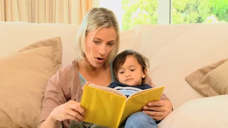 mujer leyendo un pequeño libro a su hijo