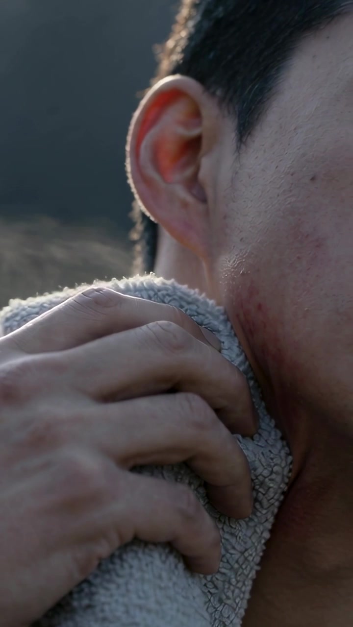 Vertical video: Bringing folded terry towel, Asian man pressing and wiping neck along jaw outdoors