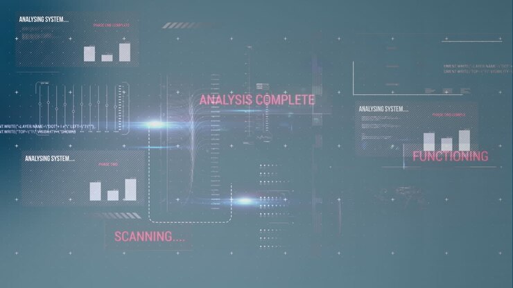 Animation of map, graphs, loading bars and computer language against cracked wall in background