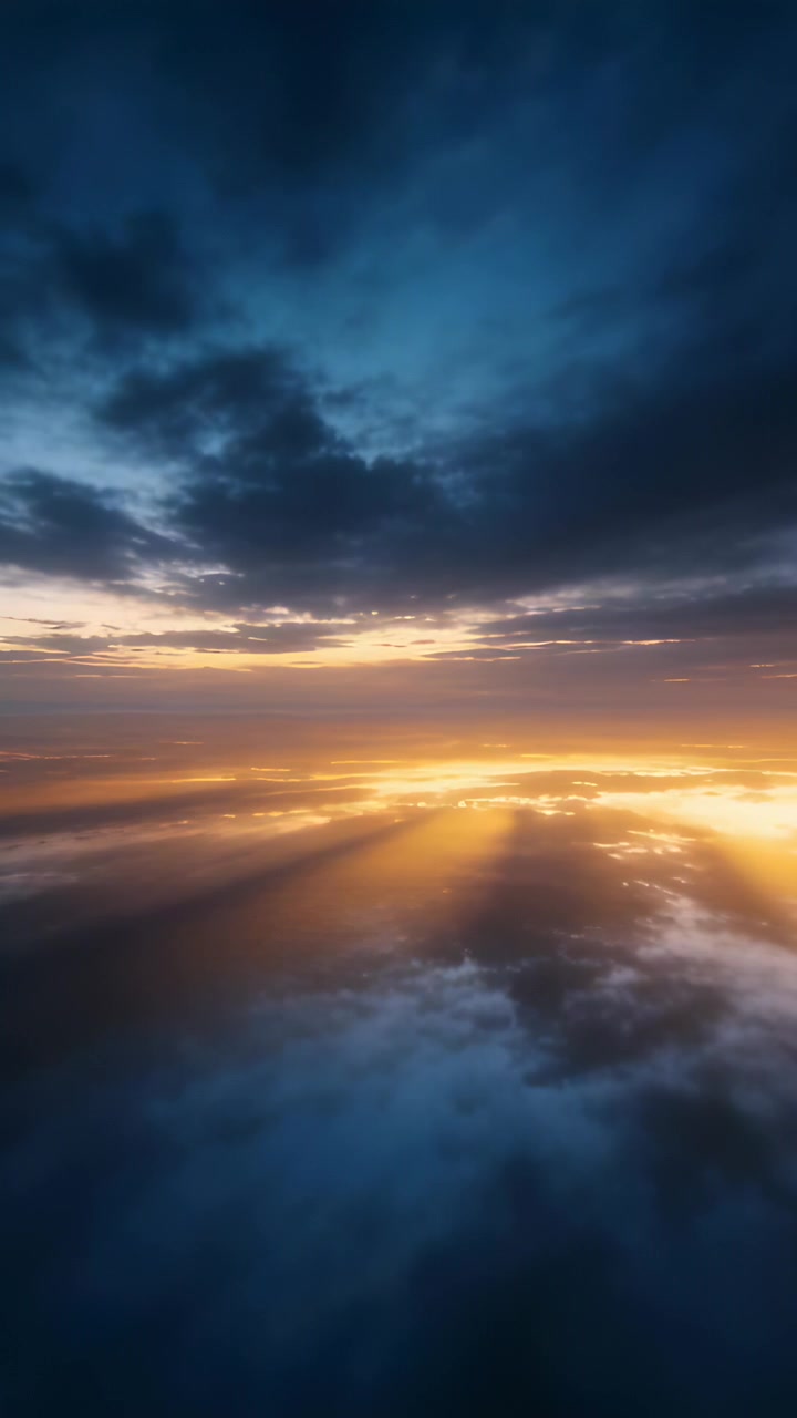 Vertical video: Widening golden horizon band casting sunbeams across cloud layer at sunrise