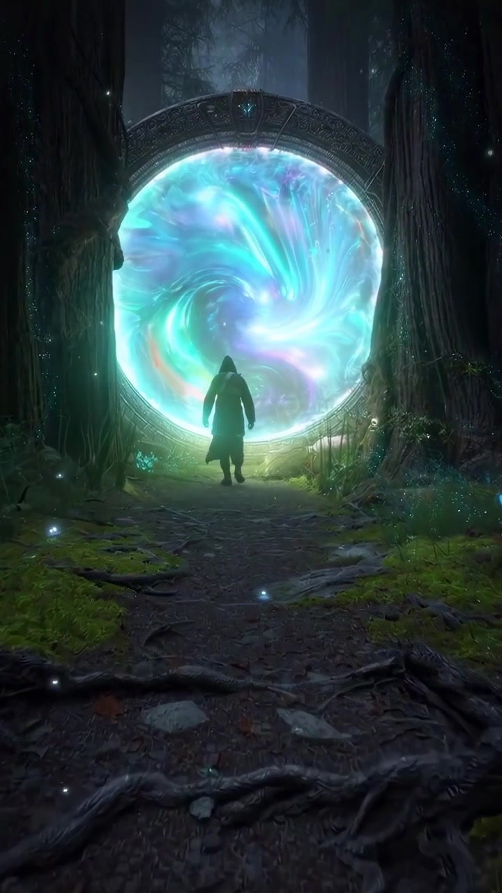 Persona con mantello incappucciato che cammina verso un portale magico luminoso in una foresta oscura