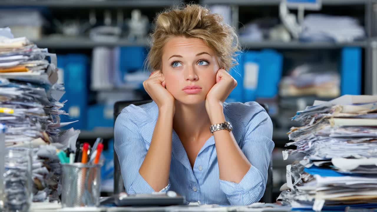 Una giovane professionista, circondata da pile di scartoffie, sembra frustrata e sopraffatta in un ambiente d'ufficio caotico, sentendosi improduttiva e stressata