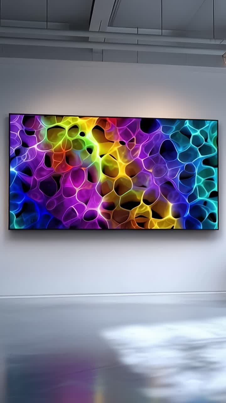 Vibrant Abstract Patterns in Modern Gallery: A Stunning Display of Colorful Light and Fluid Shapes Transforming Interior Spaces with Artful Energy