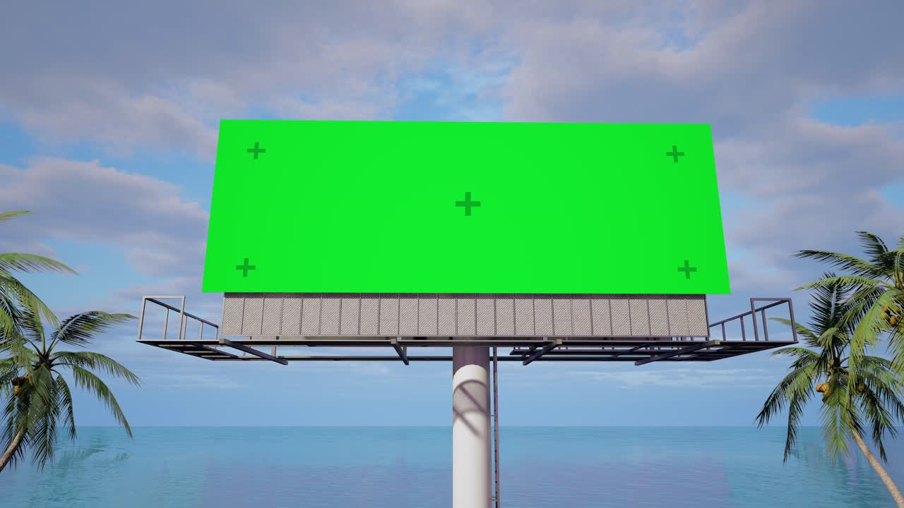 Empty Green Screen Billboard on a Tropical Beach