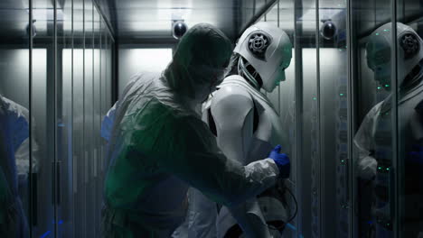 scientists inspecting a robot in a server room