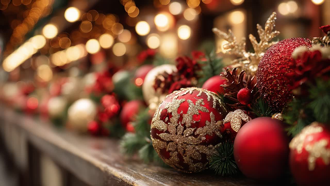 Una splendida esposizione di decorazioni e ornamenti festivi che cattura lo spirito delle feste, creando un'atmosfera magica di gioia e celebrazione durante le festività
