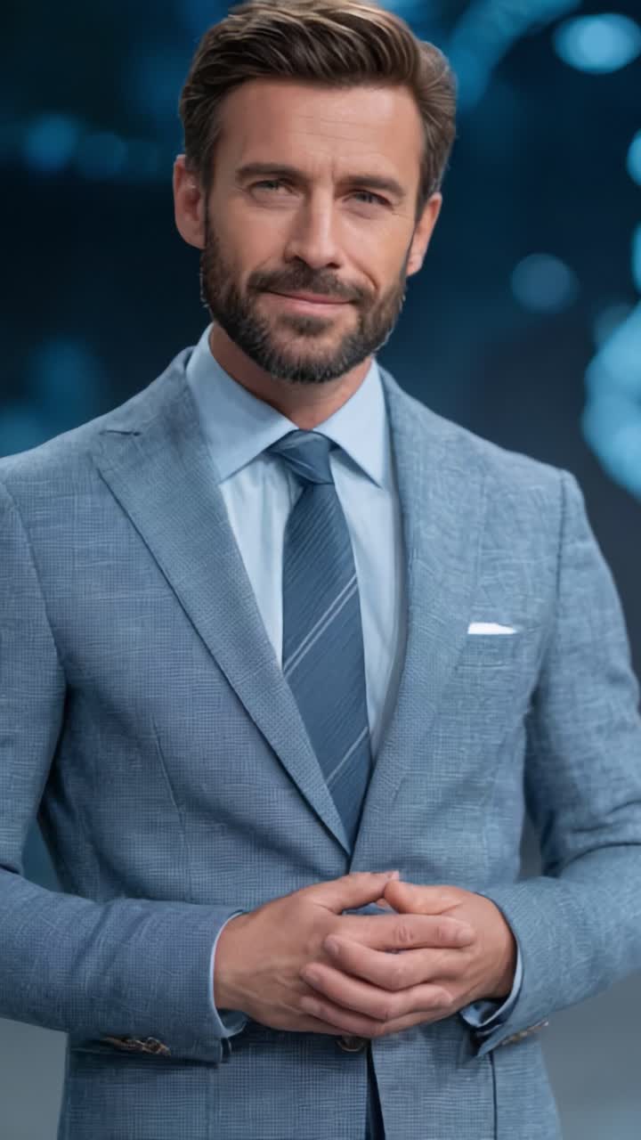 Un presentador seguro de sí mismo y con un estilo elegante que interactúa con el público, mostrando profesionalidad y carisma en un entorno de estudio