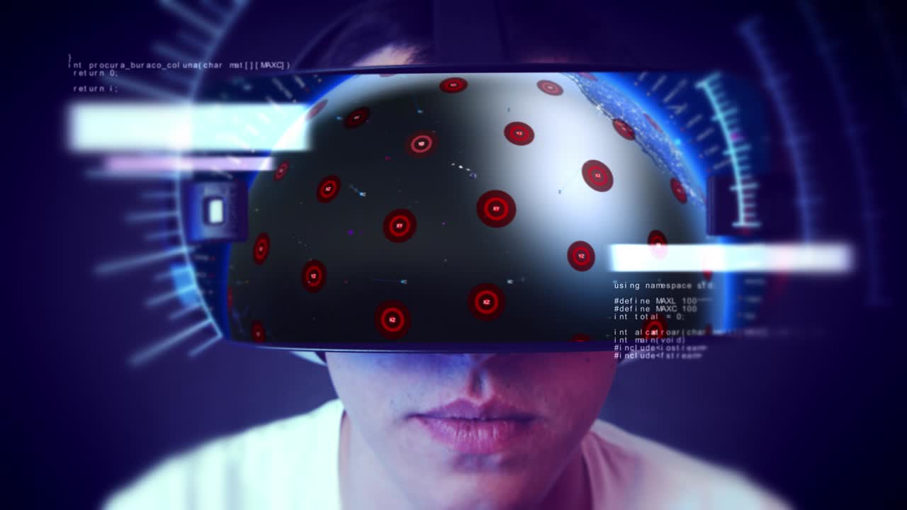 un joven guapo que usa auriculares vr y experimenta la realidad virtual.