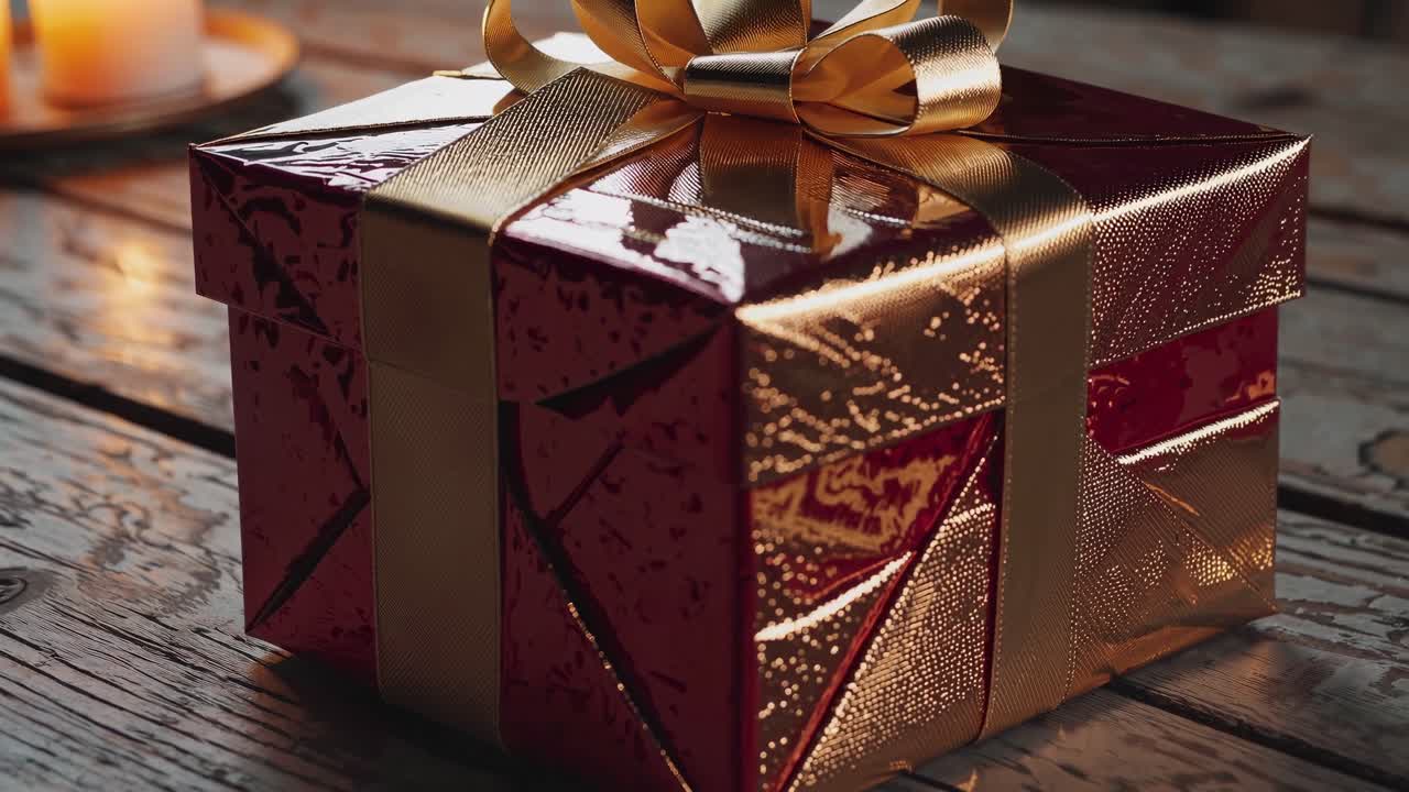 Un video ravvicinato di una scatola regalo lucida e incartata con un nastro dorato su un tavolo di legno rustico, delicatamente