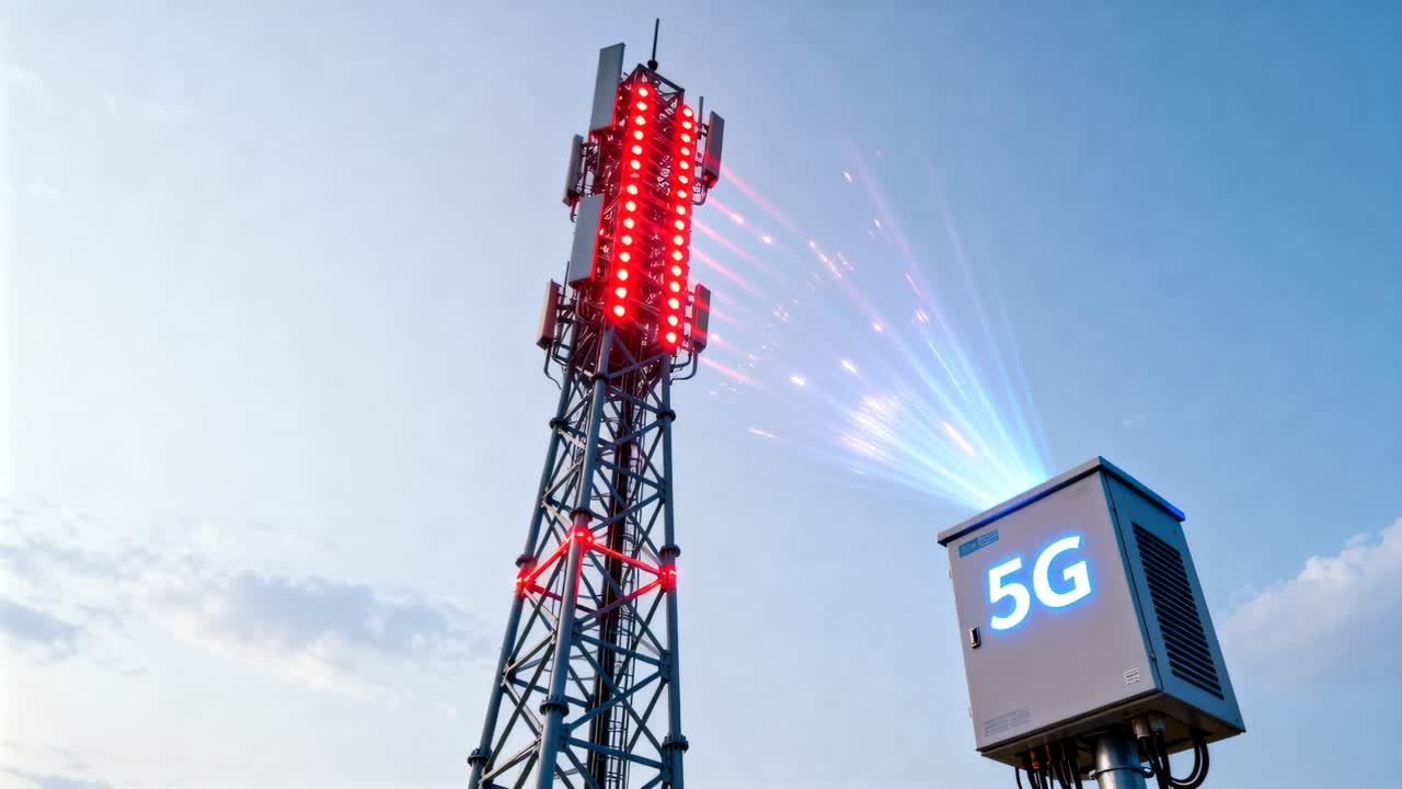 通信サイトで稼働中の格子状鉄塔と5Gキャビネットが色を変化させ、ファンビームモードの切り替えを示しています
