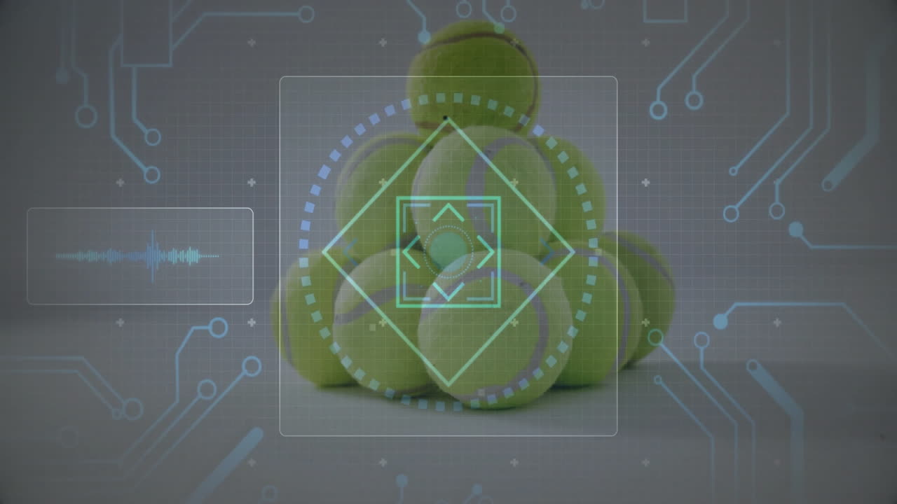Green tennis ball pyramid hovering on grey table with animated HUD reticle and circuit lines