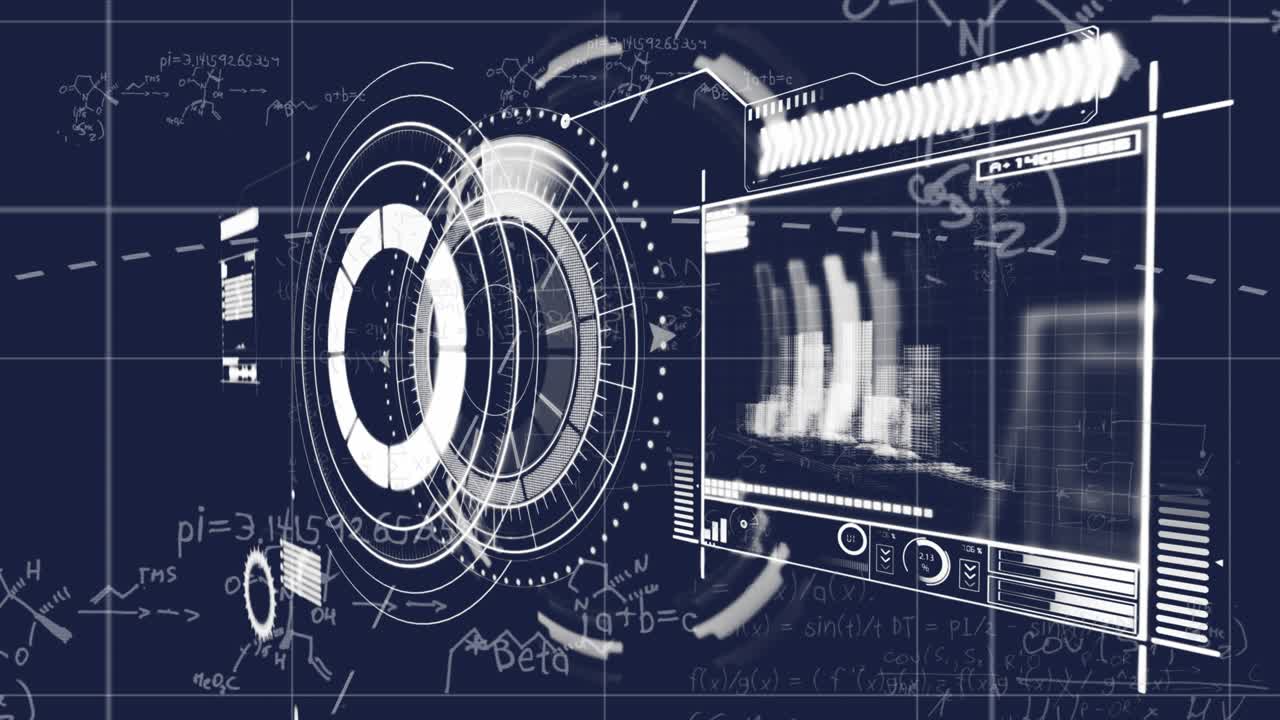 A digitally generated animation of mathematical formulae moving over a grid on a black background