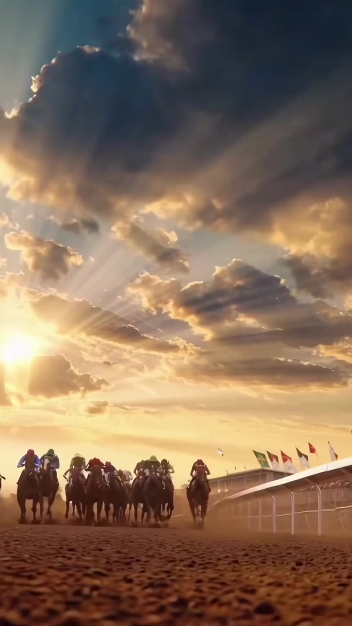 Thoroughbred Horses Racing on Dirt Track at Sunset