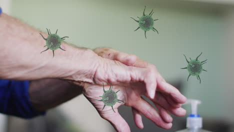 animation of virus cells over senior caucasian man disinfecting hands