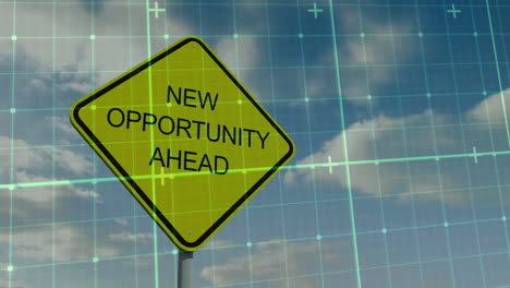 new opportunity ahead sign over digital grid animation with clouds in background