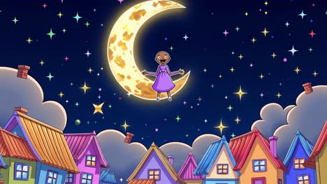 girl flying on the moon above a colorful town