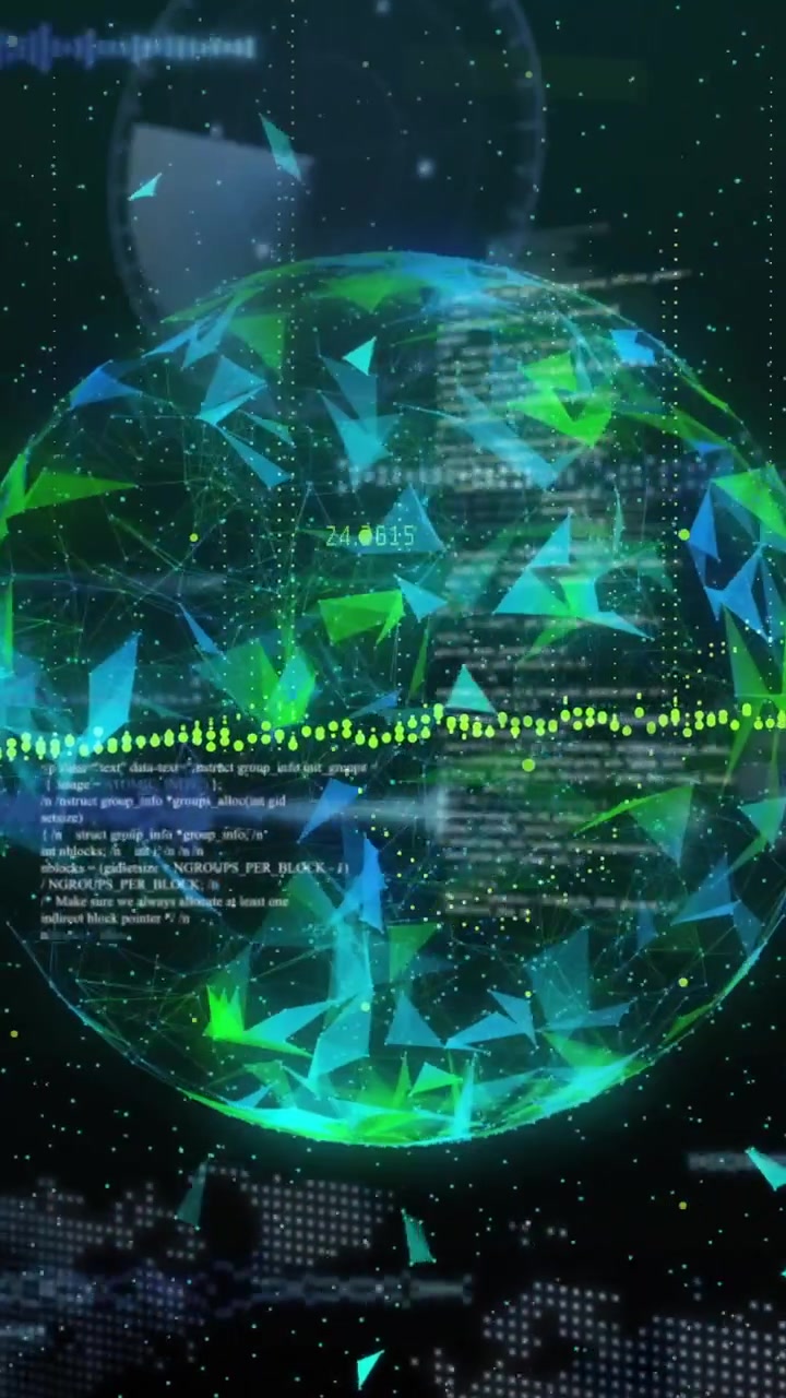 Vertical video: On data pulse holo globe rotating, pulsing, showing numbers, code, visualizing flow